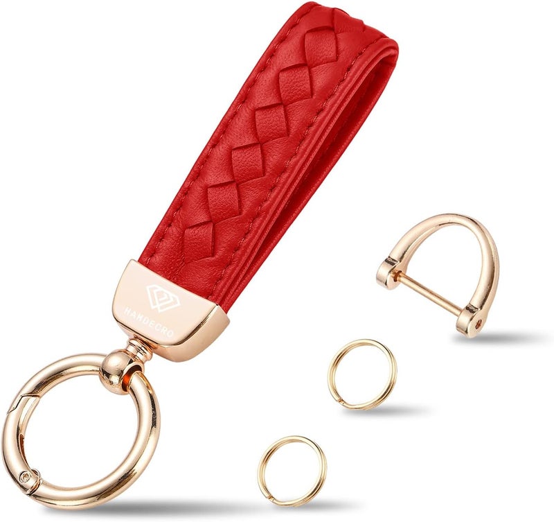 Hamdecro Store Genuine Leather Keychains, Handmade Knit Sheepskin Car Key chains for Women, Universal Key Fob Holder with 360 Degree Rotatable, Anti-Lost D-Ring, 2 Keyrings and 1 Screwdriver – Red - Image 1